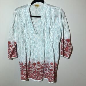 Roberta roller rabbit v neck pullover cotton tunic beaded size s 3/4 sleeve